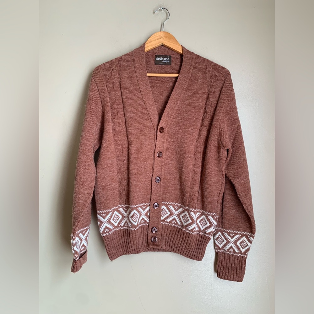 Vintage Studio One Campus Cardigan Men XLarge Aztec 60’s Acrylic Sweater Brown